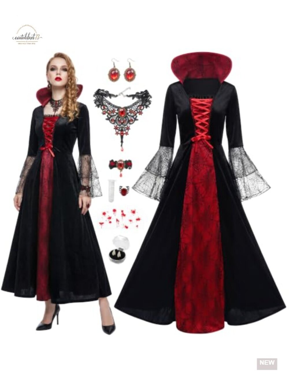 Women's Gothic Vampire Halloween Costume Dress Set with Fangs & Jewelry